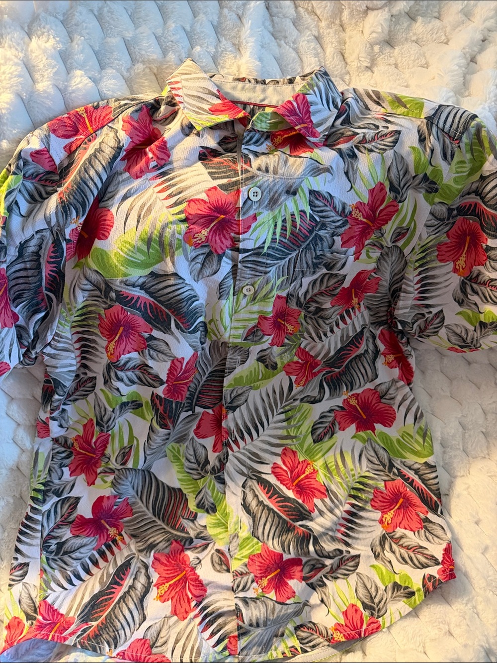 Tommy Bahama Coconut Point Grey Shirt with Pink & Green Hibiscus Print